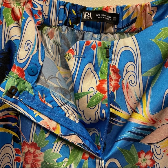 ZARA Blue Colorful Floral Wide-Leg Pants Light & Flowy Sz S Birds Butterflies - Picture 4 of 16